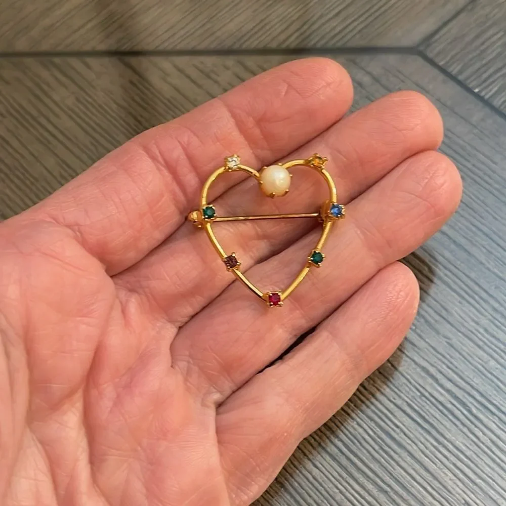 Vintage Elegant Gold Heart Brooch with Multicolor Gems & Real Pearl